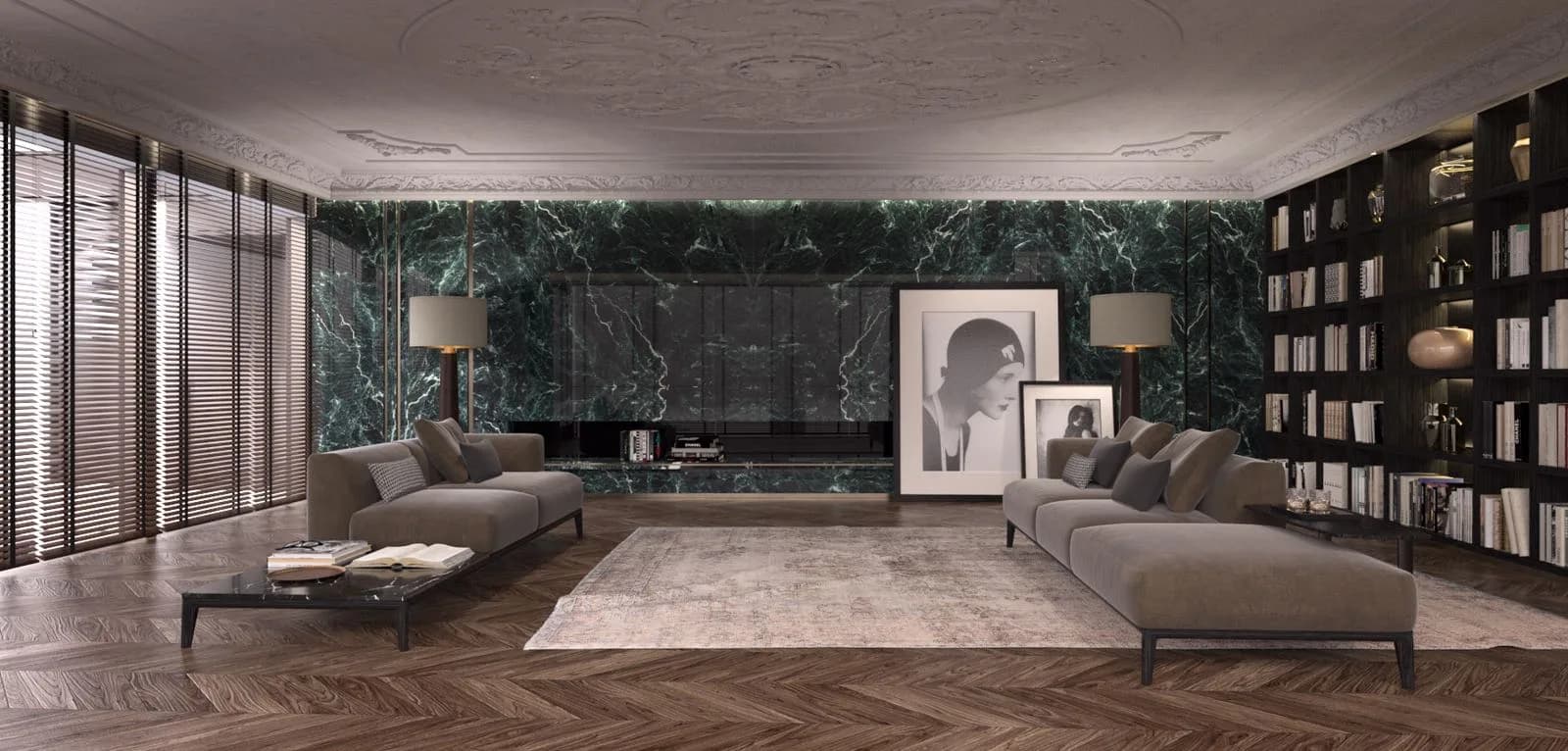 Contemporary Shenzhen living room with dark walnut herringbone parquet and a green marble wall