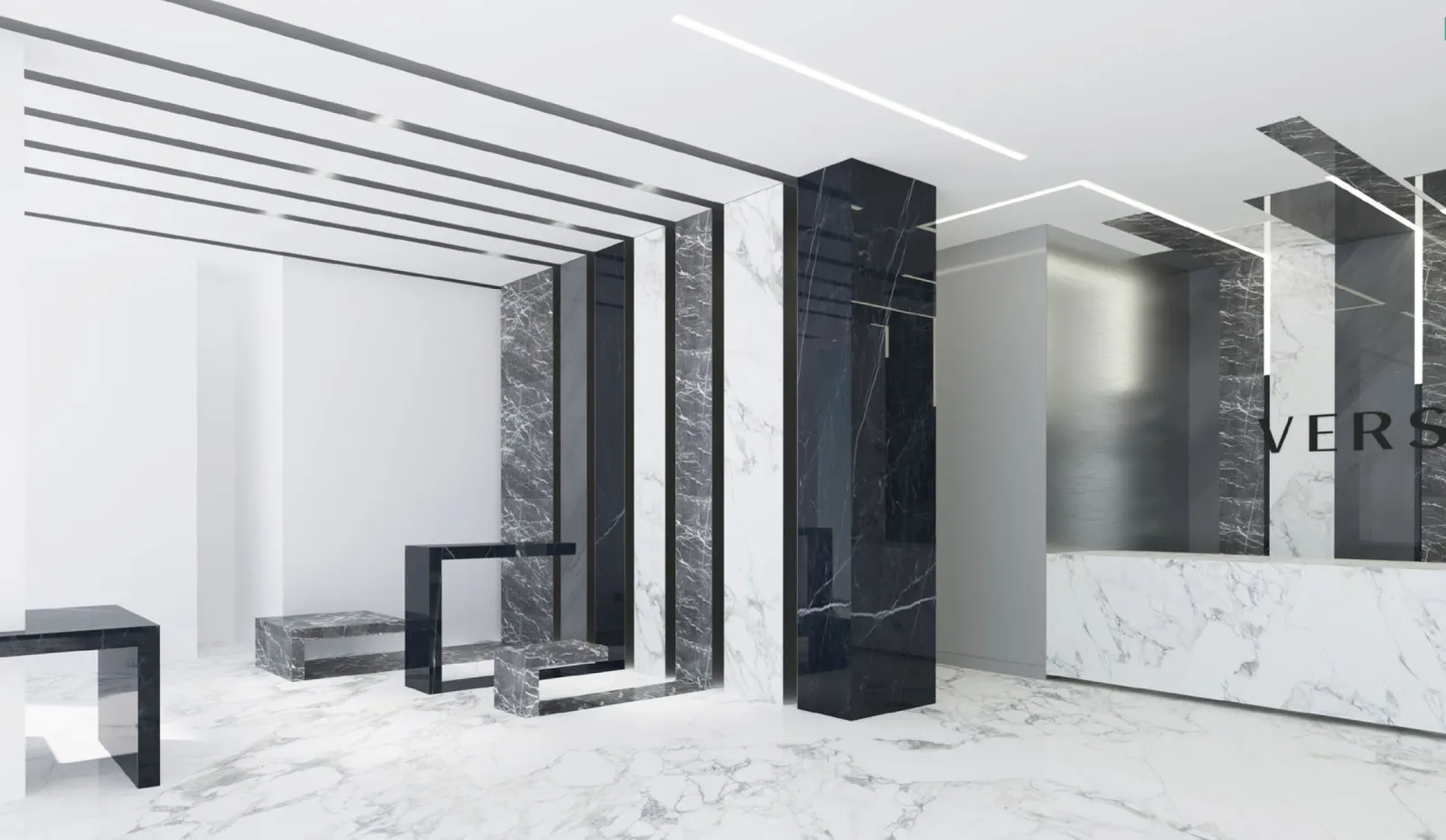 Reception clad in Calacatta and black marble