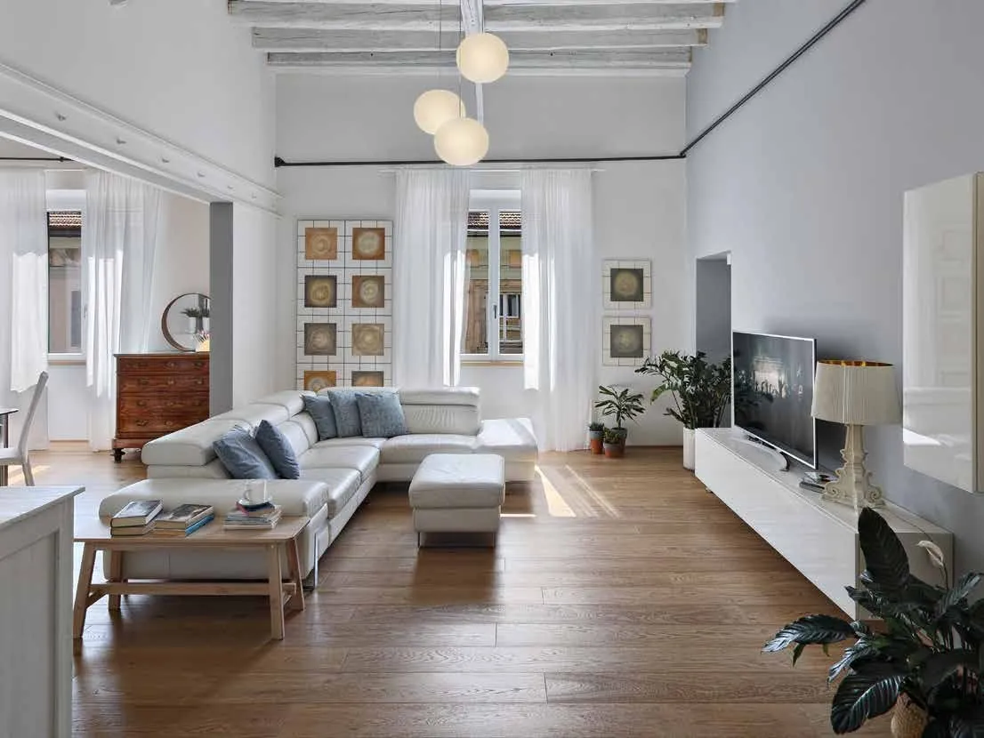 Living room with wide oak plank flooring